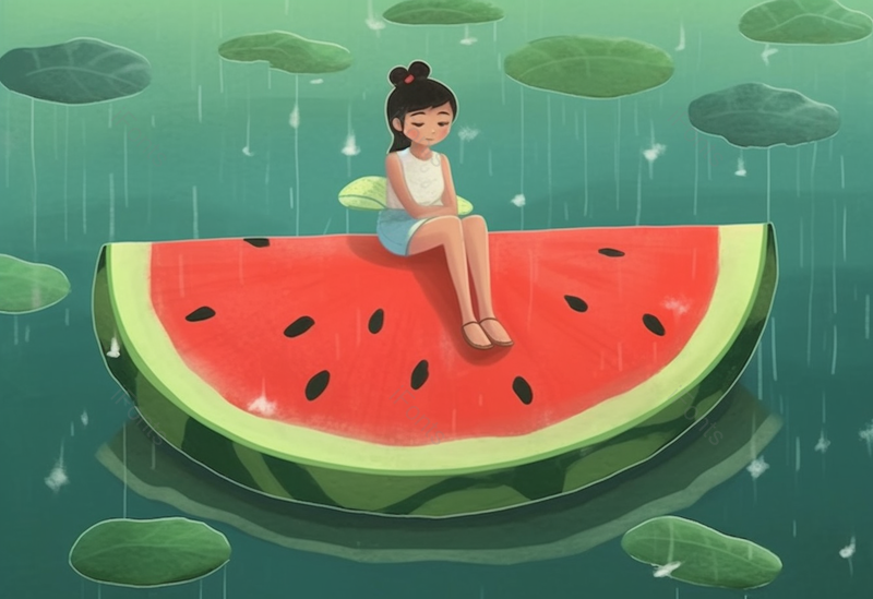 小清新夏天夏日女孩坐在巨型西瓜上沉思儿童节唯美插画,插画/手绘图,插画/手绘图库,插画/手绘图下载,插画/手绘